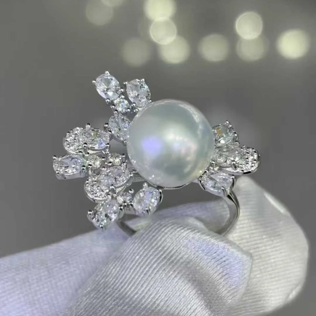 11-12mm Round Aurora Edison Freshwater Pearl Ring, S925 Thick Silver Setting, Adjustable Band, Women Luxury Statement Jewelry