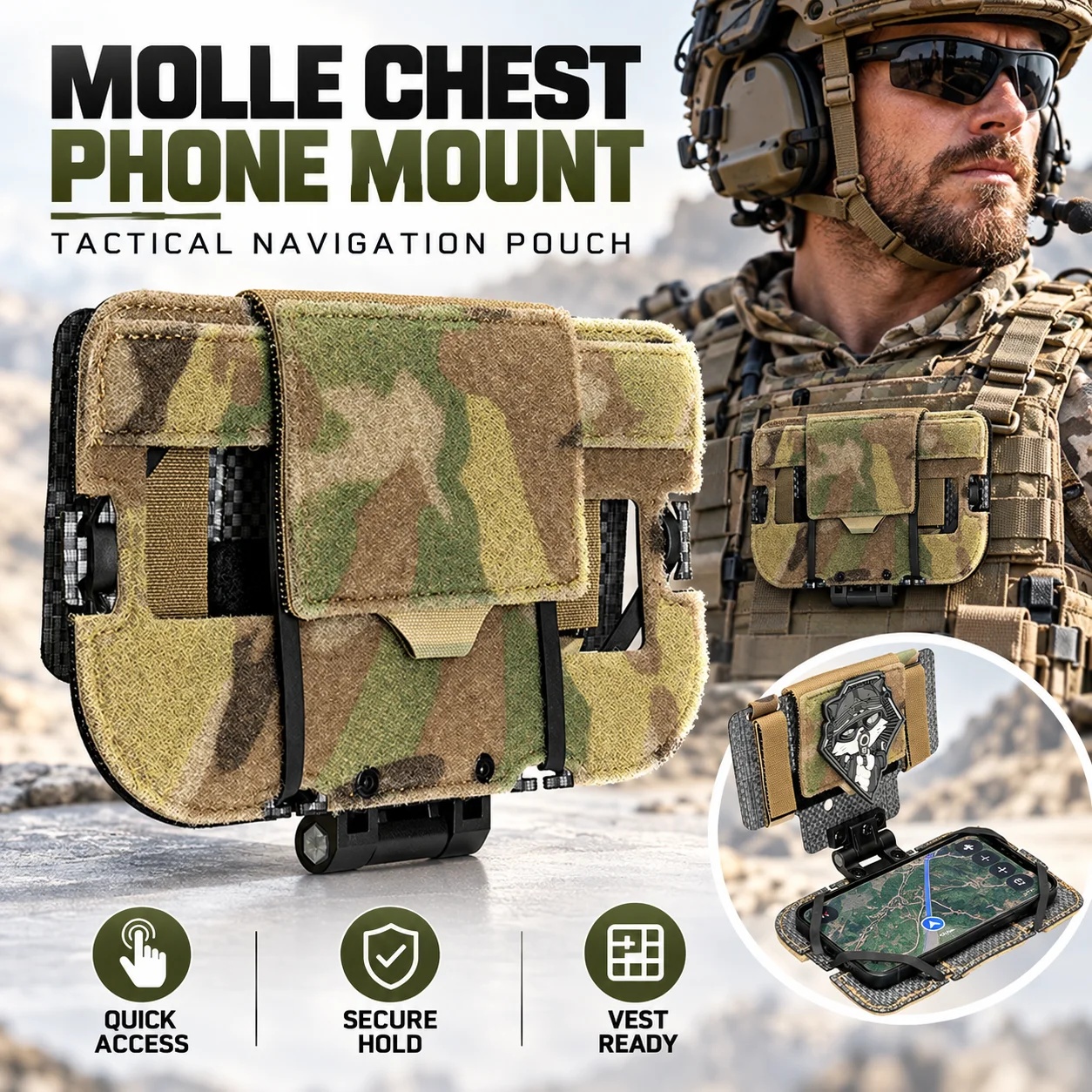 Tactical MOLLE Chest Phone Mount, Flip Down Navigation Board Smartphone Holder for Vest, Outdoor Hiking Camping Training Gear