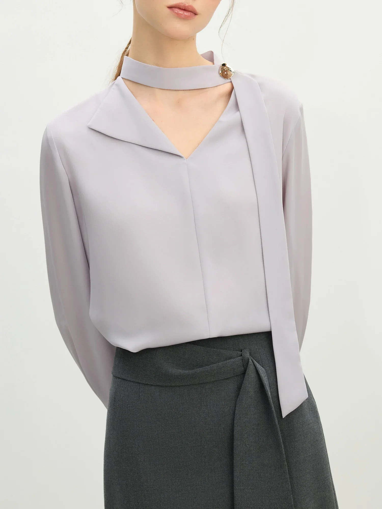 

FSLE Women Long Sleeve Chiffon Blouses V-neck Temperament Ribbon Design Light Purple Long Sleeved Shirt Female Tops 25FS11210