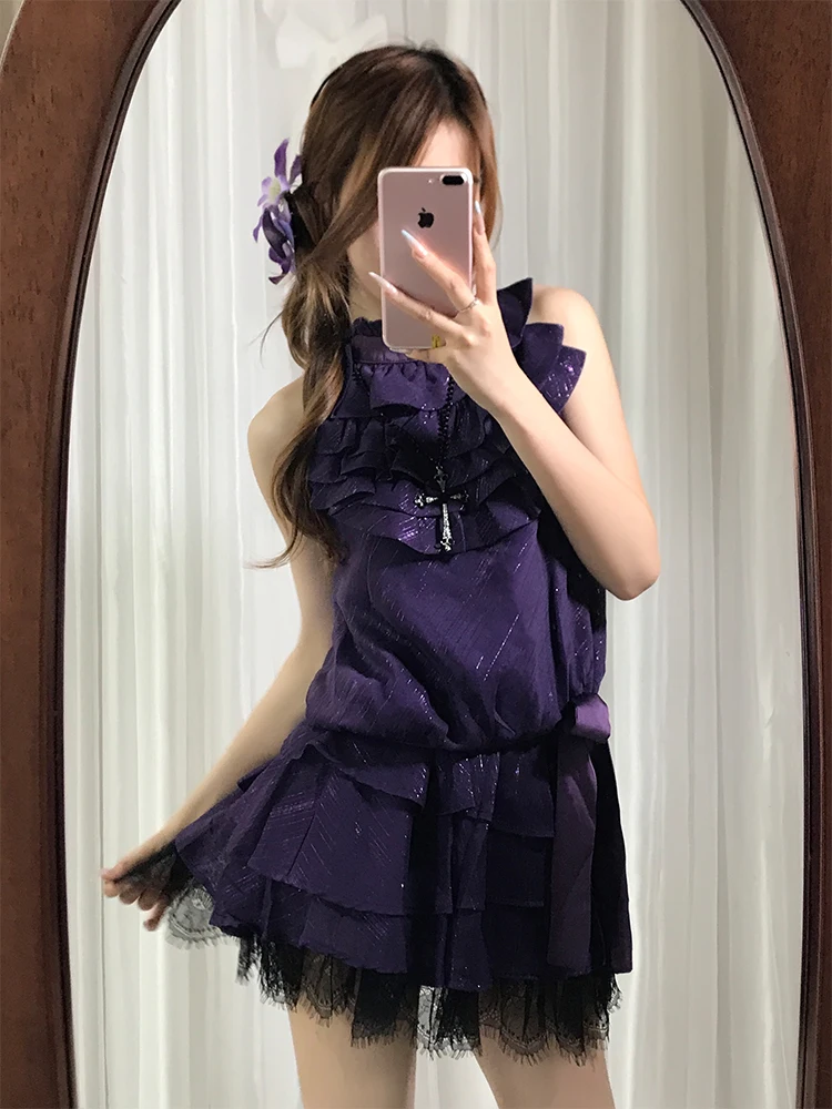 

Purple Lace Halter Neck Women's Suit Slimming Short Skirt Two-Piece Set Summer 2025 New Style Fashionable Young Women