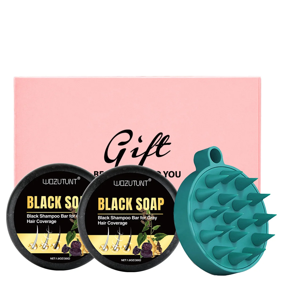 WOZUTUNT 50g Black Hair Soap,Natural Plant Nourishing Hair Soap,Gradual Gray White Hairs Coverage Shampoo Bar and Shampoo Brush