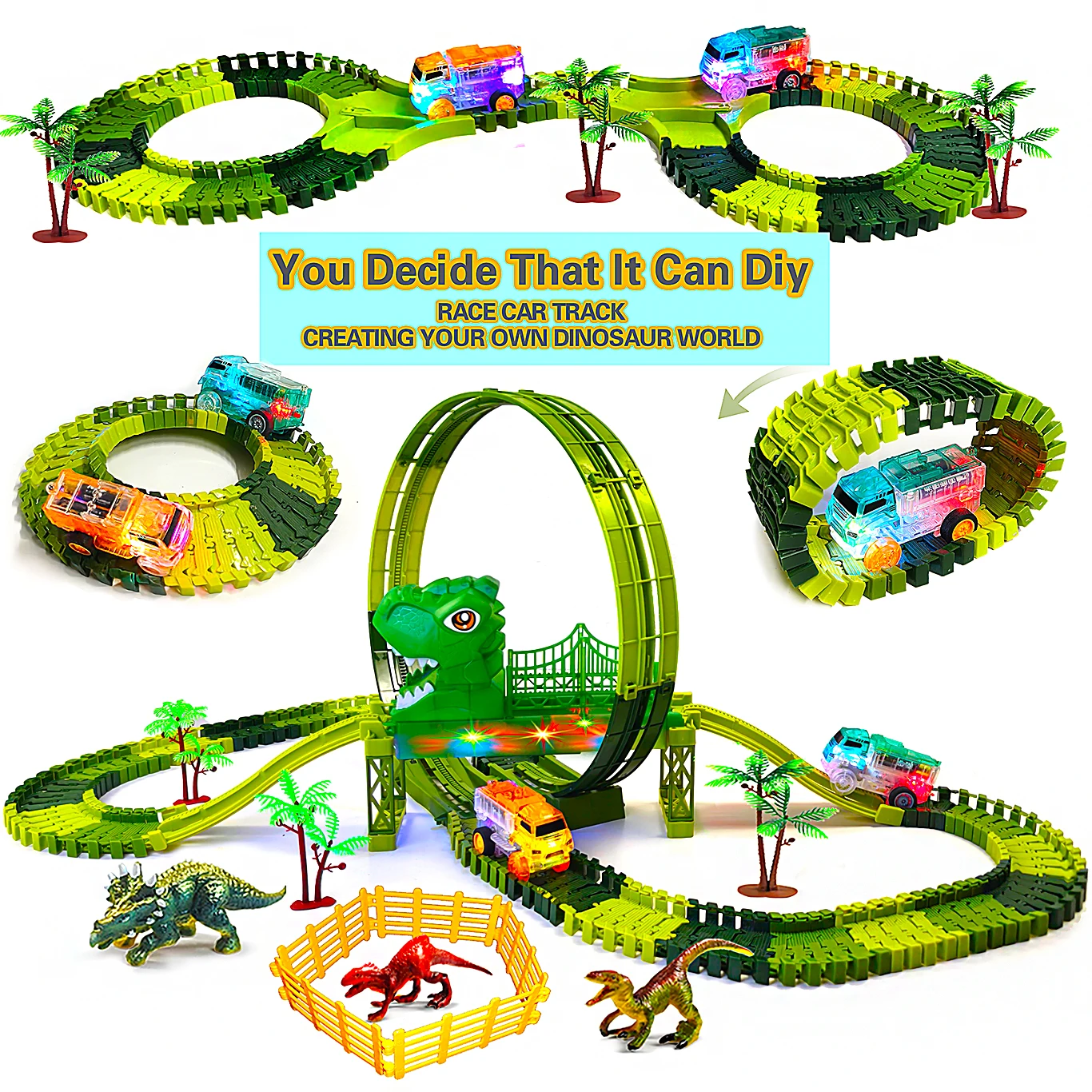 لعبة هندسية تحت عنوان الديناصورات مع مسارات قطار مرنة متوهجة في الظلام وسيارات LED للبنين والبنات حفلة عيد ميلاد مثالية