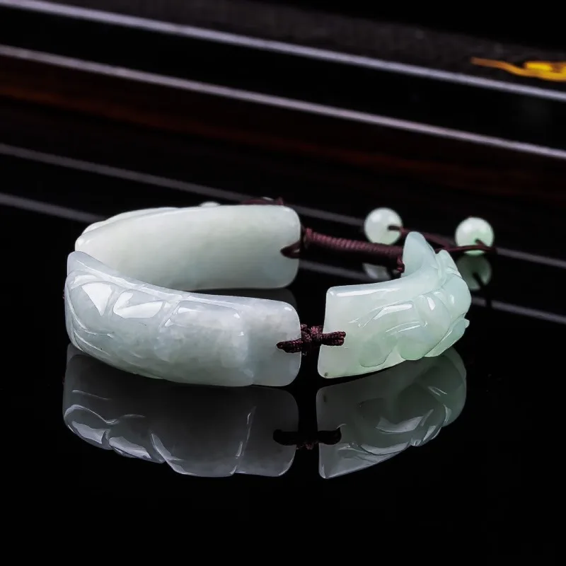 

Burmese Carving Pixiu Bracelet Green Emerald Hand Knitting Rope Vintage Women Jewelry Jadeite Accessories Natural Jade Amulet