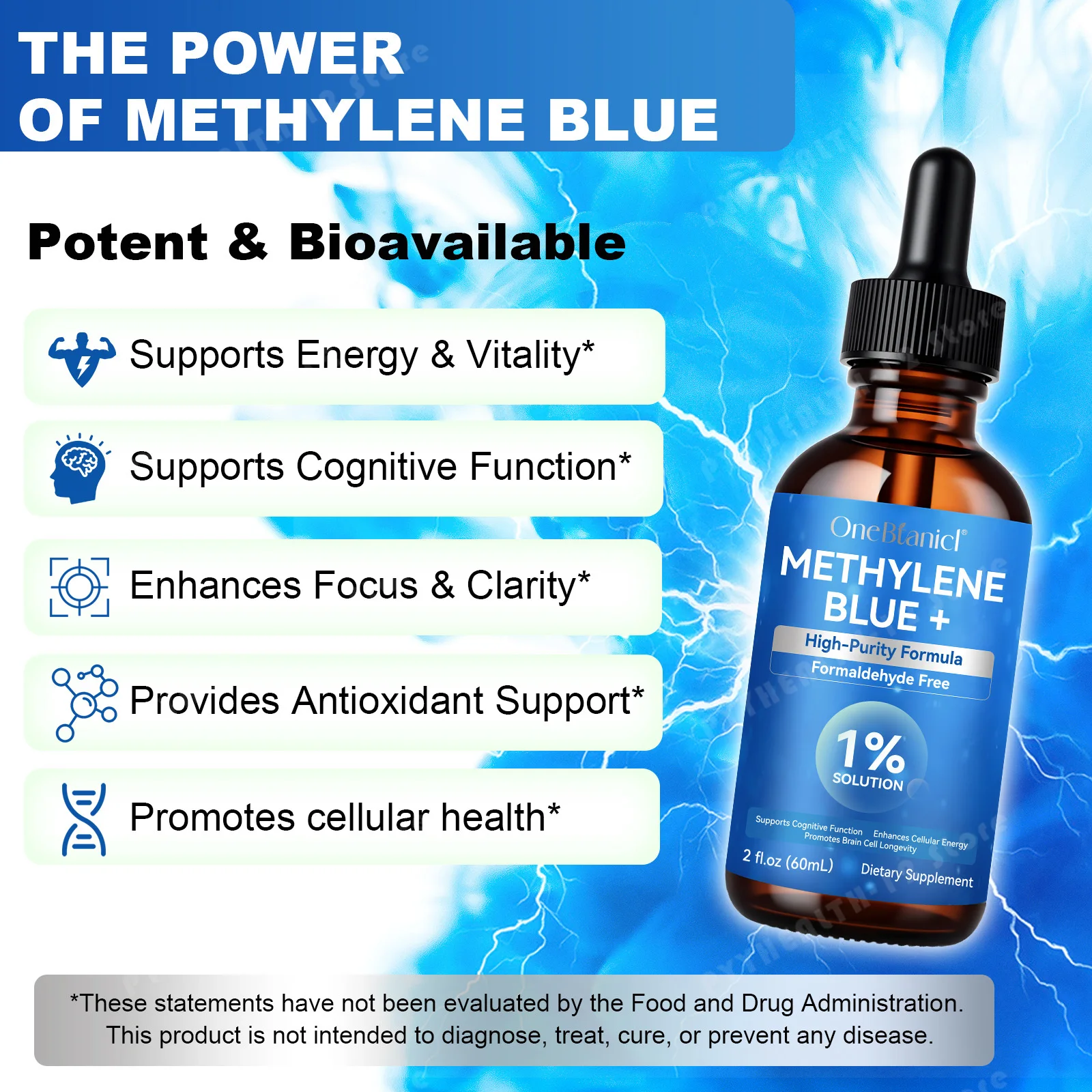 Methylene Blue +VitaminC Liquid Drops 1% High‑Purity Formaldehyde‑Free for Cognitive Focus,Cellular Antioxidant Support, 60ml