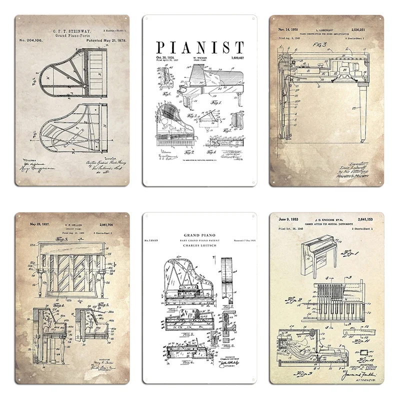 Steinway Grand Piano Patent Piano Player Art Antique Metal Decoration Designs Wall Cave Wall Mural Tin Sign Poster