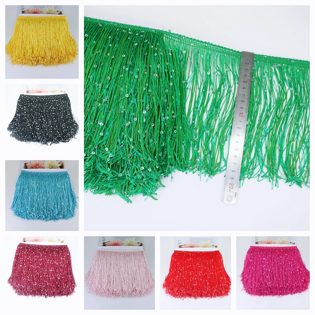 5 Yards Sequin Fringe Tassels Lace Tassel Trim 19cm Width Fringes for Clothes Latin Dance Crafts Ribbon Accessories Suit Fredzle