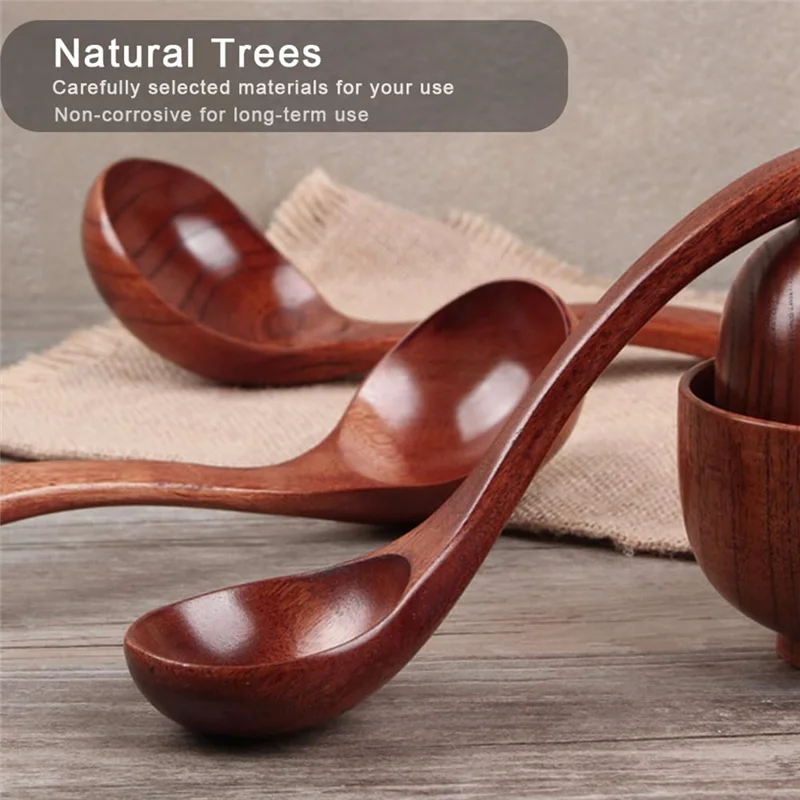 A71Z Wooden Ladle Spoon Set Long Handle Soup Ladle for Pot & Bowl Non-Stick Wooden Spoon Set for Cooking Serving Ladles