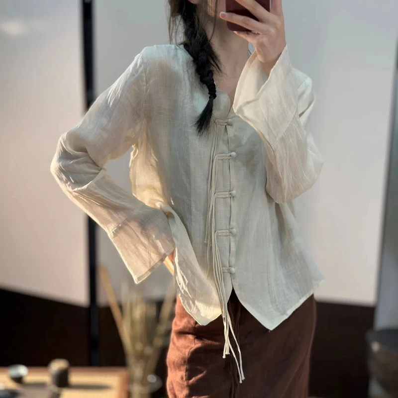 Retro Casual 2024 Women\'s Summer New Patchwork V-neck Button Fashion Solid Color Loose Minimalist All-match Long Sleeved Shirts