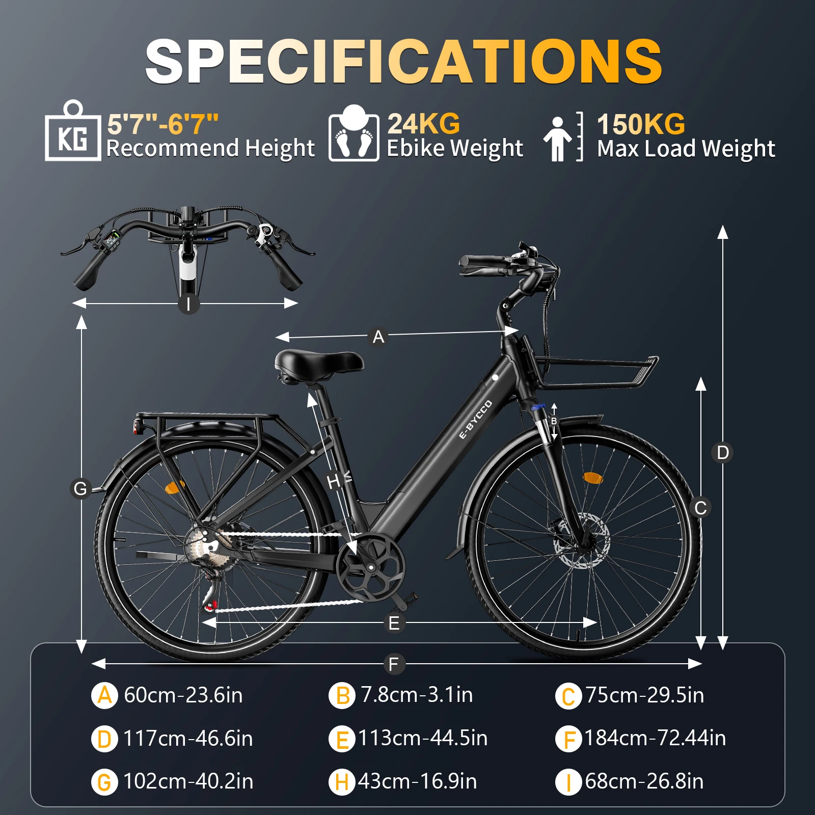 E-BYCCO V1 Elektrofahrrad für Erwachsene, 36V15,6Ah Akku, 250W Motor, Elektrofahrrad mit 28*1,5 Zoll Reifen, City-Pendler-E-Bike – Detail 6