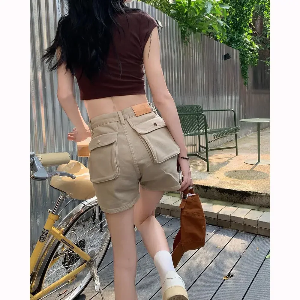 Khaki Shorts Cargo Summer Thin High Waist Big Pockets American Sweet Loose Sexy All-match Clothing Solid Daily Aesthetic Mujer