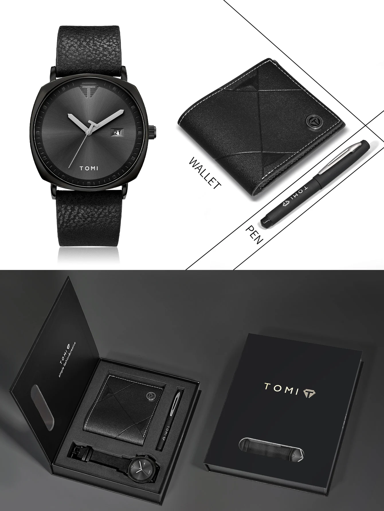 TOMI 3PCS Simple Business Men Watch Wallet Gift Box Set High Quality Classic Versatile Men Quartz Watch Clock Gifts Reloj