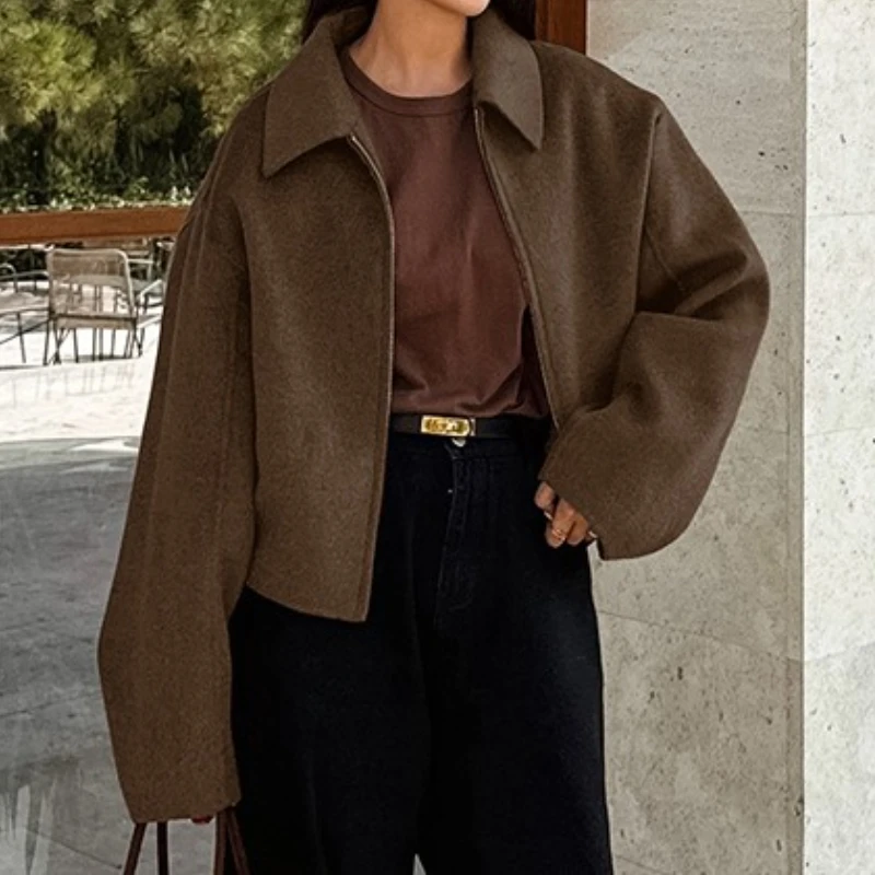 Women's Brown Wool Zipper Jacket for Autumn and Winter-Longsleeved Lapel Short Coat-Fashionable Casual Street Commuter Outerwear