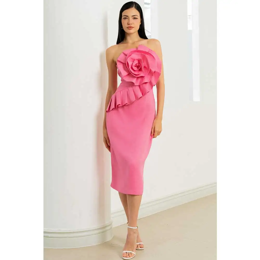 YUNLAN Elegant Mermaid Midi Pink Strapless 3D Flower Evening Dress 2024 Saudi Arabia Women Wedding Guest Formal Party Dress