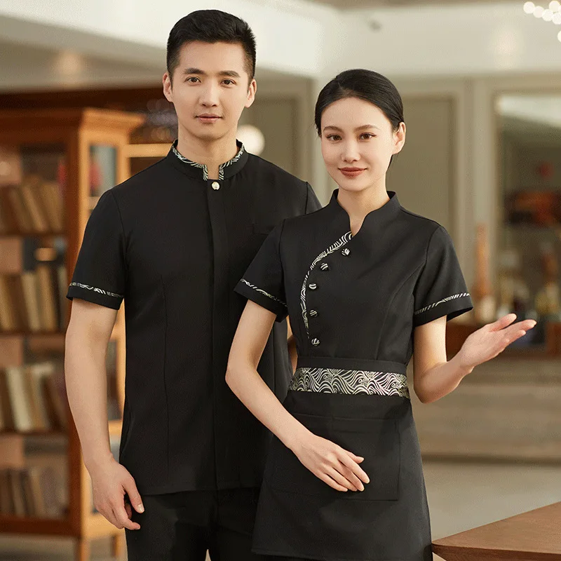 زي عمل النادل في بيت الشاي بأكمام قصيرة لمطعم الفندق وعاء ساخن مطعم صيني ملابس عمل صيفية للجنسين