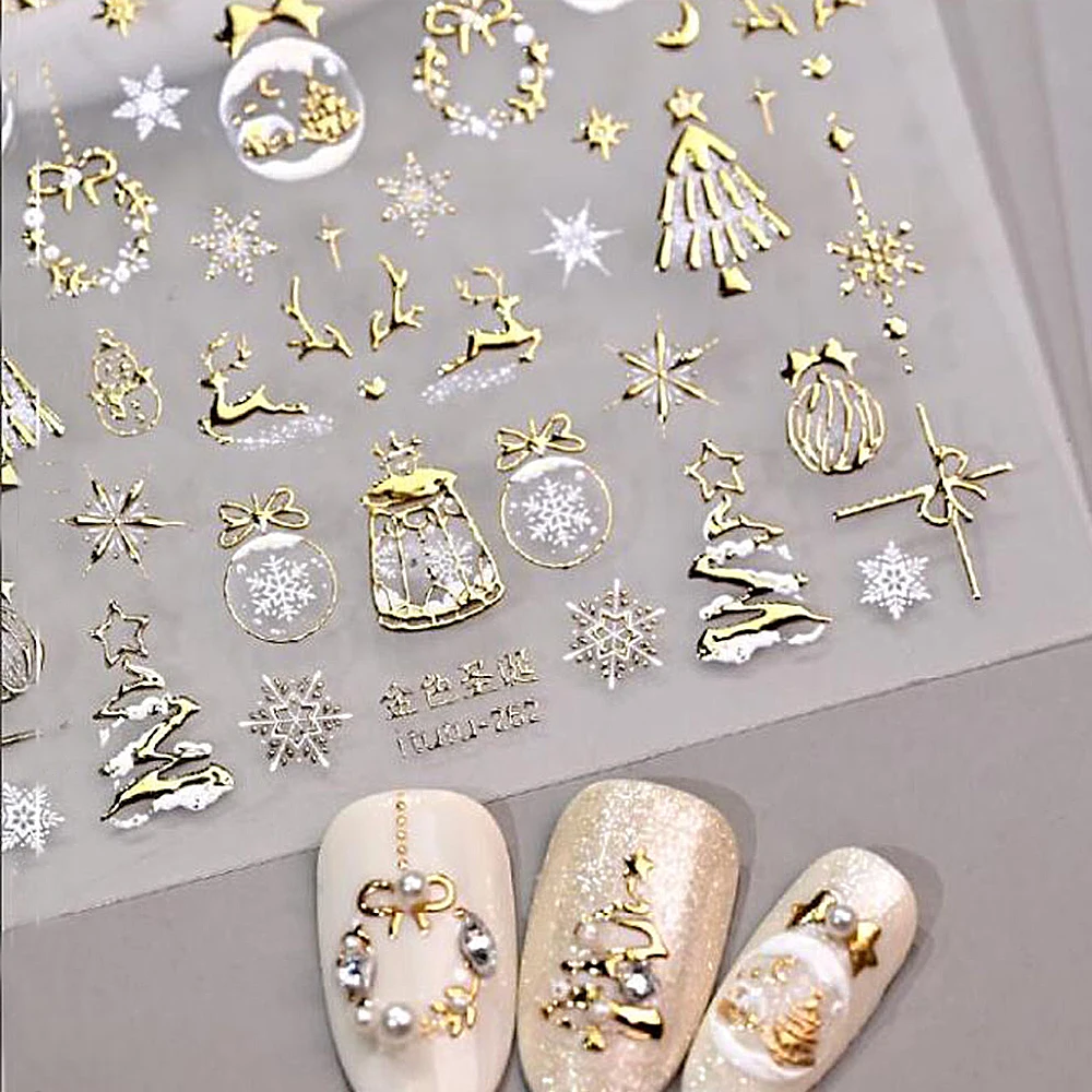 5D bronzant or noël Nail Art autocollant or/argent/rose flocon de neige Elk bonhomme de neige couronne noël ongles décalcomanie Festival ongles curseur #