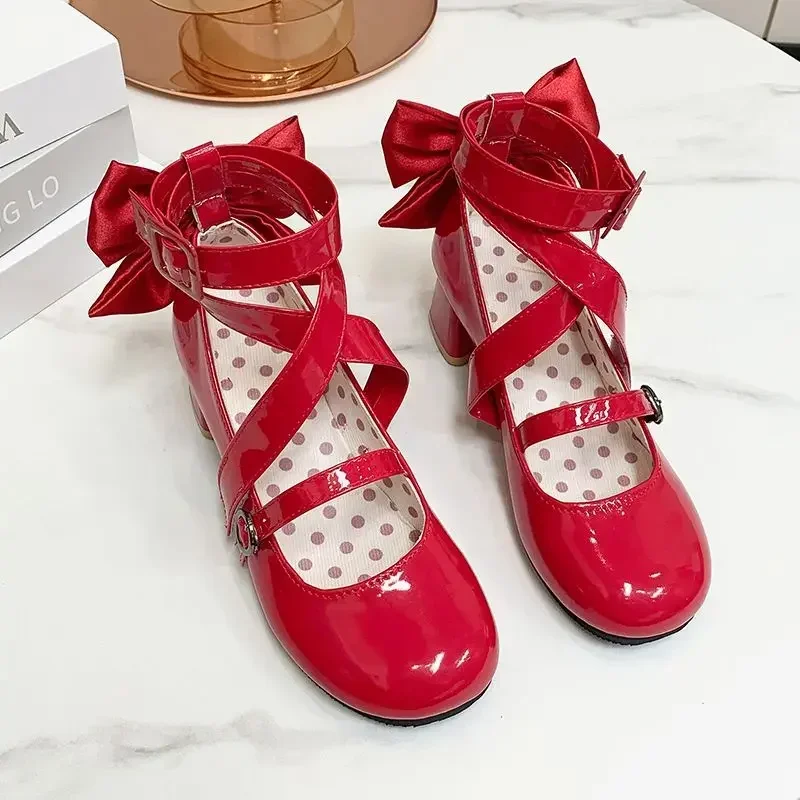 Chaussures de Cosplay Anime Puella Magi Madoka Magica Kaname Madoka pour femmes, bottes en cuir à talons hauts avec nœud rouge Lolita, accessoire de Costume d'halloween