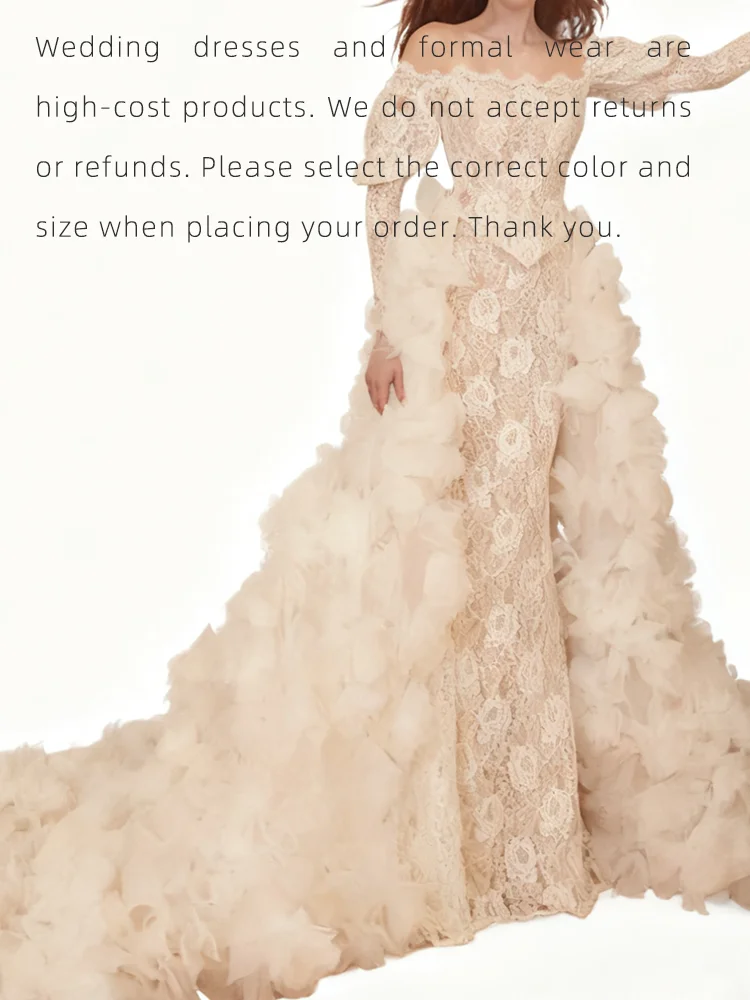 Luxury Off Shoulder Lace Full Sleeve Tulle Mermaid Bride Wedding Dresses Bridal Gowns Customized