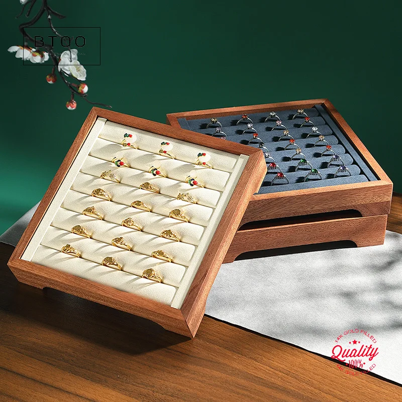 

Luxury Wooden Ring Display Tray Square Velvet Organizer Showcase Holder For Jewelry Shop Boutique Storage Box Jewelry