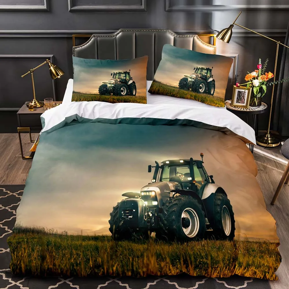 Boys Tractor Printed Bedding Set Men Construction Cars Pattern Comforter Cover For Kids Heavy Machinery Vehicles Duvet Cover