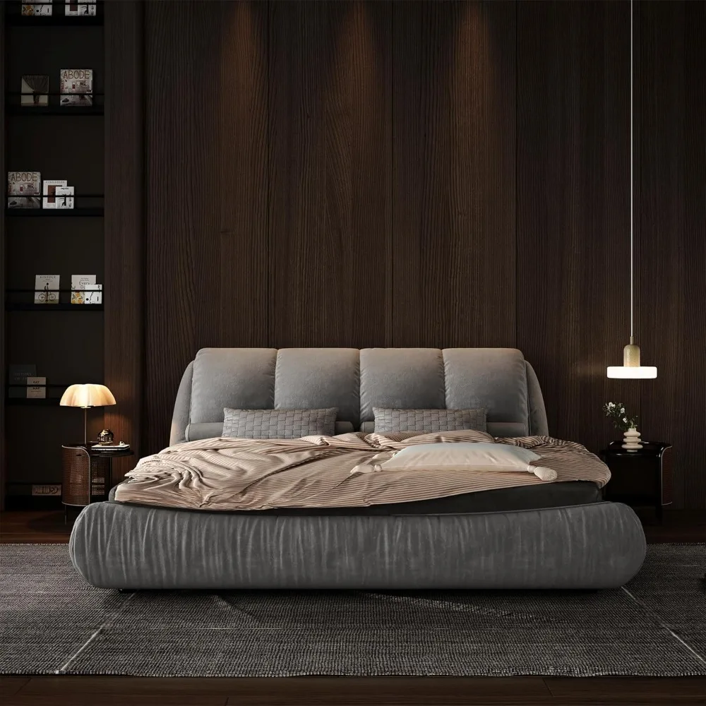 Luxury Queen Size Upholstered Platform Bed with Oversized Padded Backrest, Soft Frame Cloud Bed, Pine wooden Slats, Grey