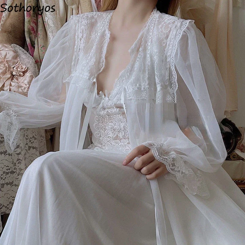 White Robe Gown Sets Women Elegant Breathable Home Lace Design Gentle Fairycore Literary Sleepwear Casual Soft French Fashion