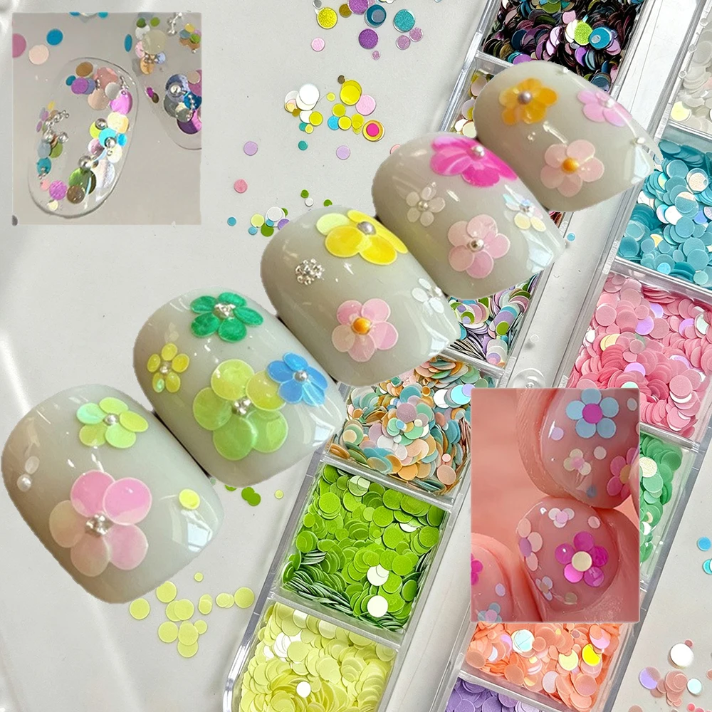 12 Grid Y3K Iridescent Macaron Pastel Dot Sequins Mix Size Round Nail Sequins 3D Sequins Nail Art Flakes for DIY Manicure Decors