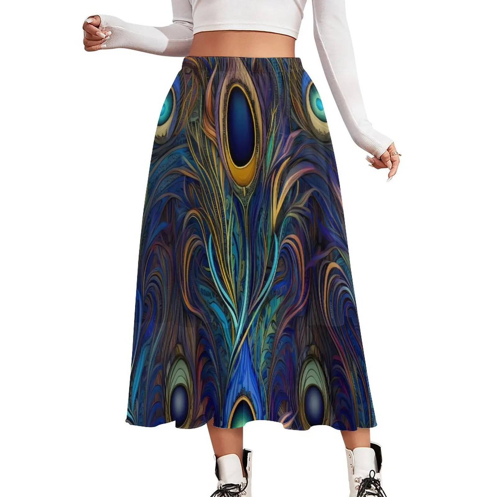 

Unique Peacock Feather Chiffon Skirt Colorful Print Streetwear Long Skirts Women Cute Boho Skirt Design Clothes Birthday Present