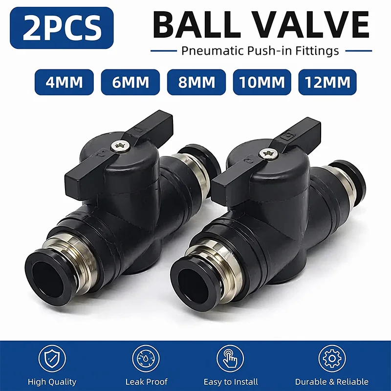 2Pcs Pneumatic Ball Valve Push in Fitting Air Hose Hand Shut Off Flow Control Switch Connector OD 4mm 6mm 8mm 10mm 12mm Tube
