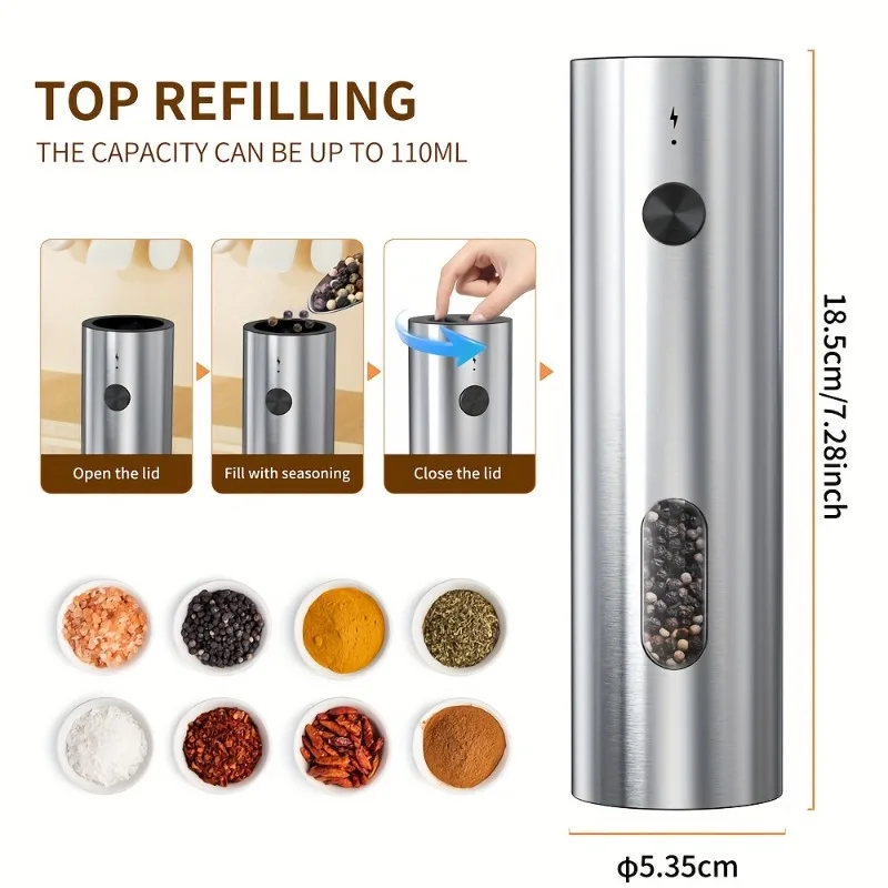 

USB перезаряжаемая автоматическая мельница для перца, мельница для соли и перца, регулируемая мельница для специй грубости со светодиодной подсветкой для кухни