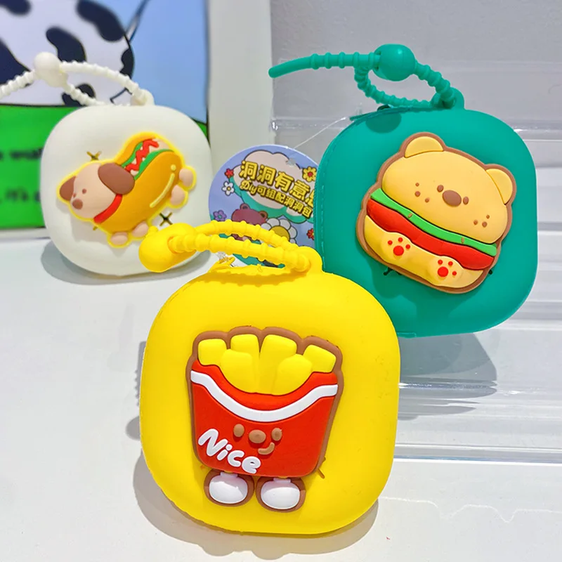 Cartoon Burger Fries Print Organizer Box Keychain Bag Protect USB Cable Key Storage Case Keyring Coin Purse Wallet Key Chain