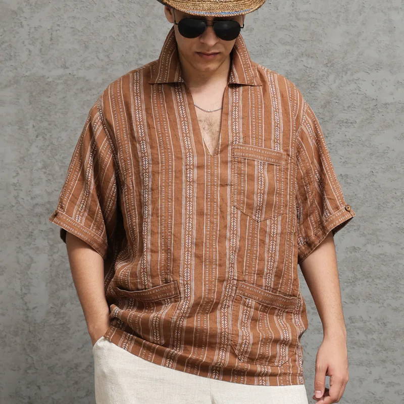 HKSH Summer New Men Tide Retro Shirt Ethnic Striped Half-Open Collar Linen Short-Sleeved Shirts Loose Light Pullover Top HK23718