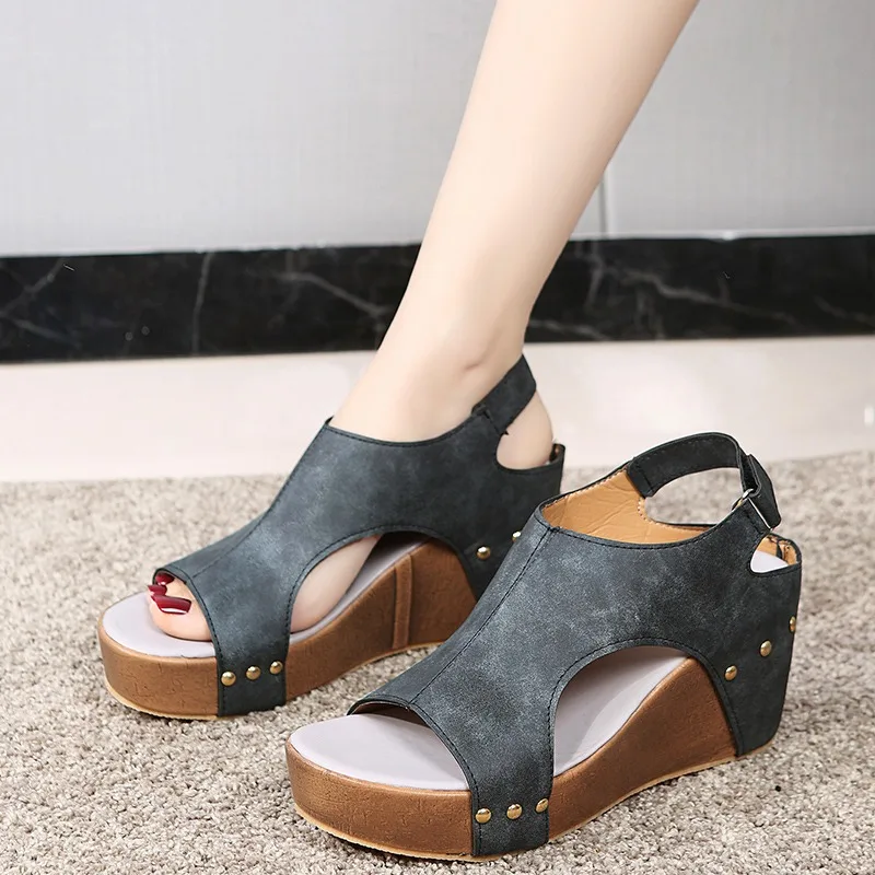 Summer Footwear Black Platform Wedge Sandals for Women Rubber Sole Buckle Peep Toe Elegant Woman's Shoes Sandalias Large Size 43