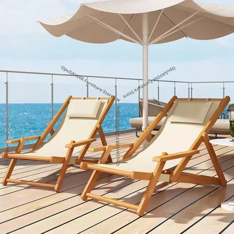 Chaise longue décontractée – Fauteuil inclinable pliant en bois massif pour balcon, sieste à domicile, chaise de plage en toile d'extérieur, camping, couchage JT40