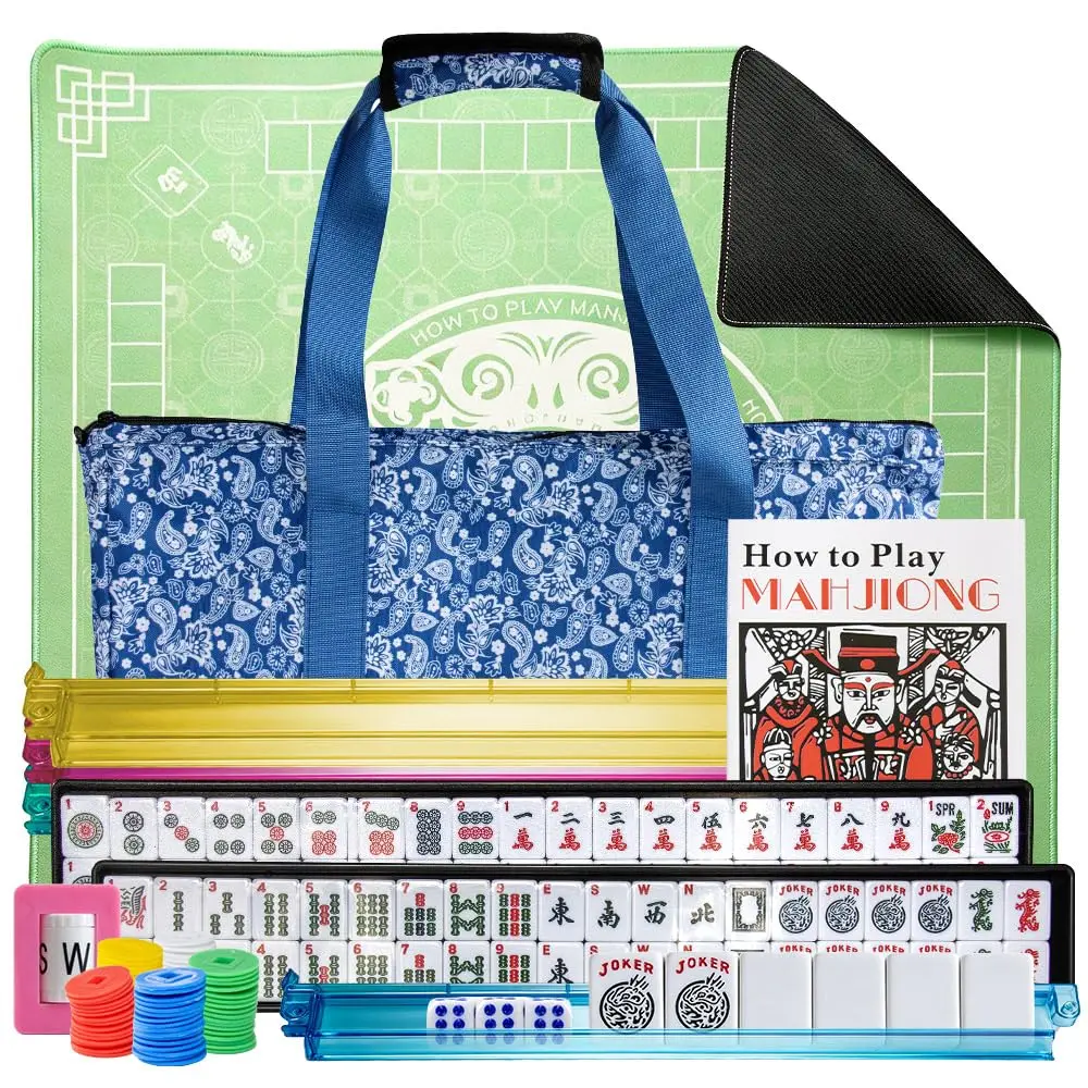 166 Piece American Mahjong Tiles Set White Melamine Tiles with 4 Racks Pushers Rubber Mat Red Carrying Bag Scoring Accessories Western Mahjong Game for Family Adults Friends Home Party Travel Holiday Gift Tabletop Board Game