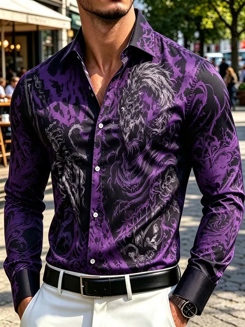 New hand drawn simple pen figure graffiti printed shirt, business casual sketch, men's lapel long sleeved shirt