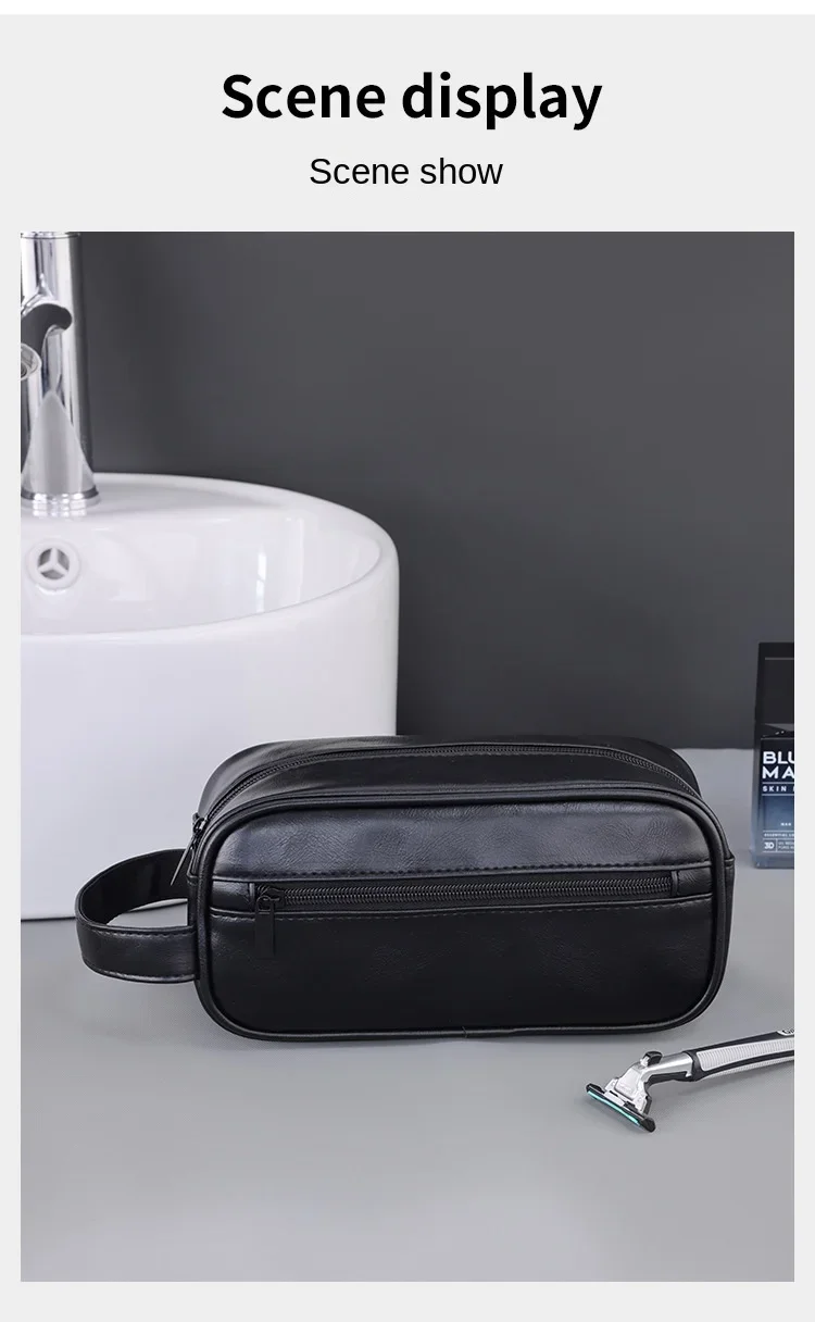 Kulturbeutel aus Leder für Herren, für Reisen, Geschäftsreisen, tragbare Kosmetiktasche, großes Fassungsvermögen, mehrere Taschen, handgehaltener Kulturbeutel aus Leder – Detail 10