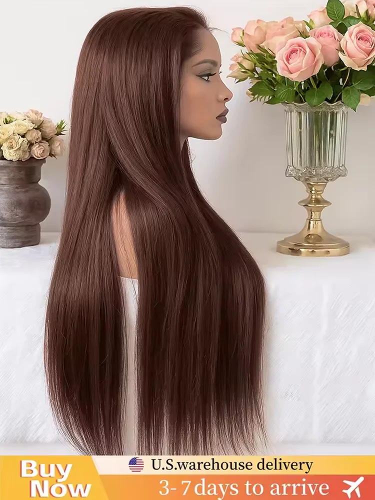 

13x4 Transparent Lace Chocolate Brown Straight Wig 32 Inch Human Hair Glueless Pre Plucked With Baby Hair Colored For Women