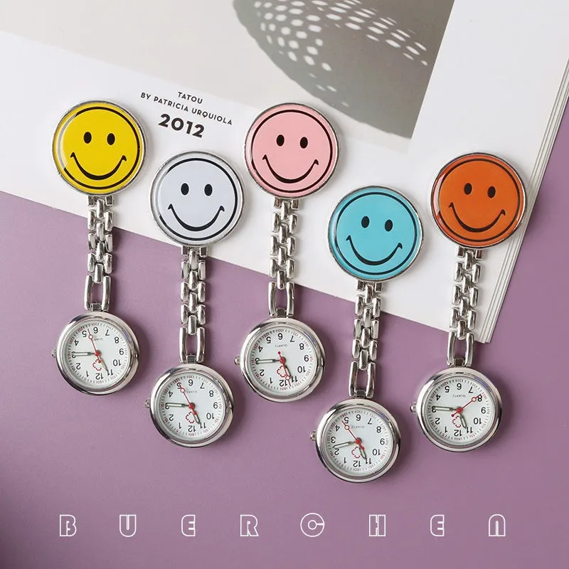 DHL 100pcs Smiley Nurse Watch Cute Pocket & Fob Watches Lovely Expression Smile Face with Clip Alloy Case Medical Quartz-watch