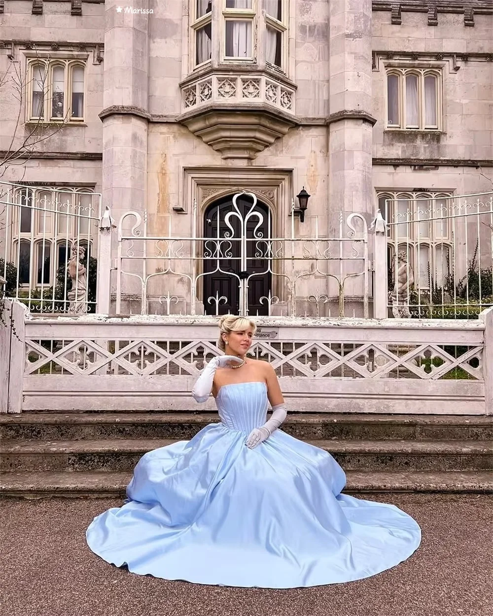 マリッサ イブニングドレス ウェディングパーティードレス カスタムメイド グロスサテン エレガントパーティードレス 女性用 高級 Aライン エレガント ブルー