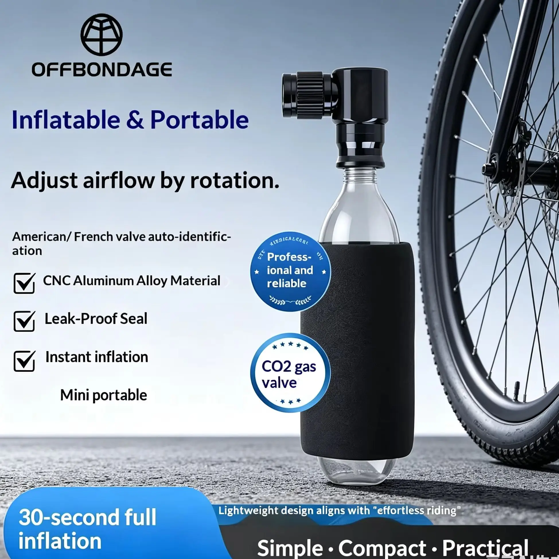 OFFBONDAGE Mini Bicycle CO2 Pump Portable Tire Inflator For Schrader Presta Adapter MTB Road Bike Aluminum Alloy Automatic Pump