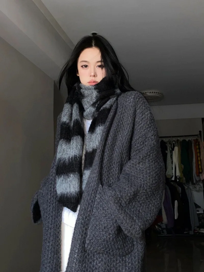 Harajuku Grunge Punk Casual Loose Long Cardigan Korean All-match Big Pockets Open Stitch Sweater 2024 Fall Winter Warm Knit Coat