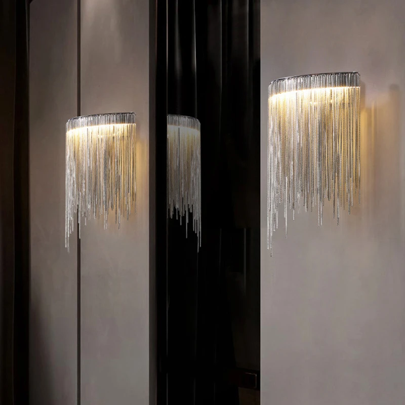 Modern Metal Tassel Wall Lamp Gold Silver Iron Hanging Chain Living Room Bedroom Bedside Wall Light for Hallway Stair Entrance