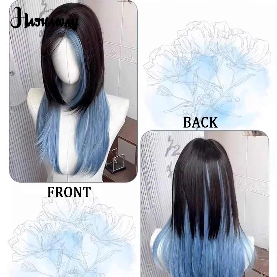 Wig sintetis renda kecil hitam dan coklat gradien biru tua delapan karakter poni liburan panjang rambut serigala wanita gradien