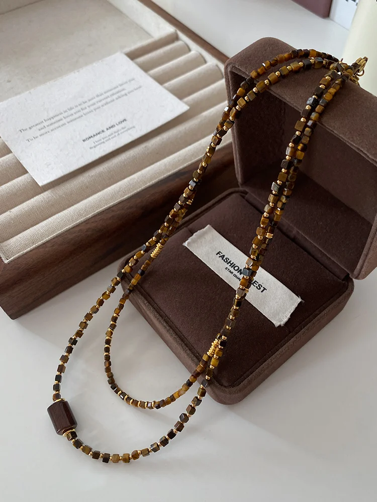 Small square natural tiger eye stone bead necklace popular Meilad sweater chain European& American high-end feeling collarbone