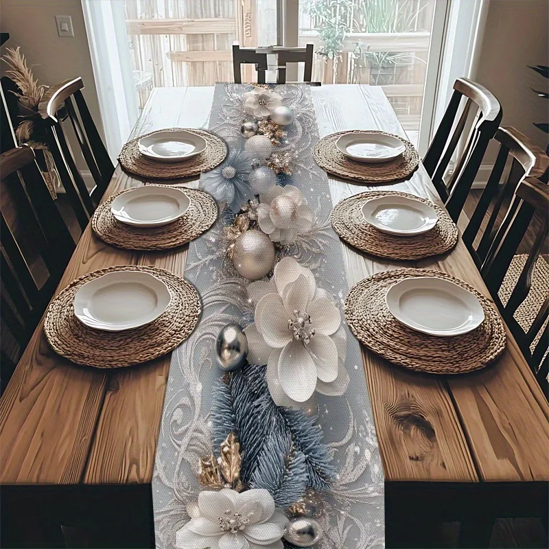 1 Piece of Accessible Luxury Stereo Floral Table Flag, Light Background Painted with Silver and Blue Flowers, Decorative Balls, Pine Branch Patterns, Suitable for Classy Dinners, Wedding Arrangements, Art Exhibitions, Luxury B&Bs, Fashion Cafes, Business Negotiations, Model Room Displays, Holiday Gifts
