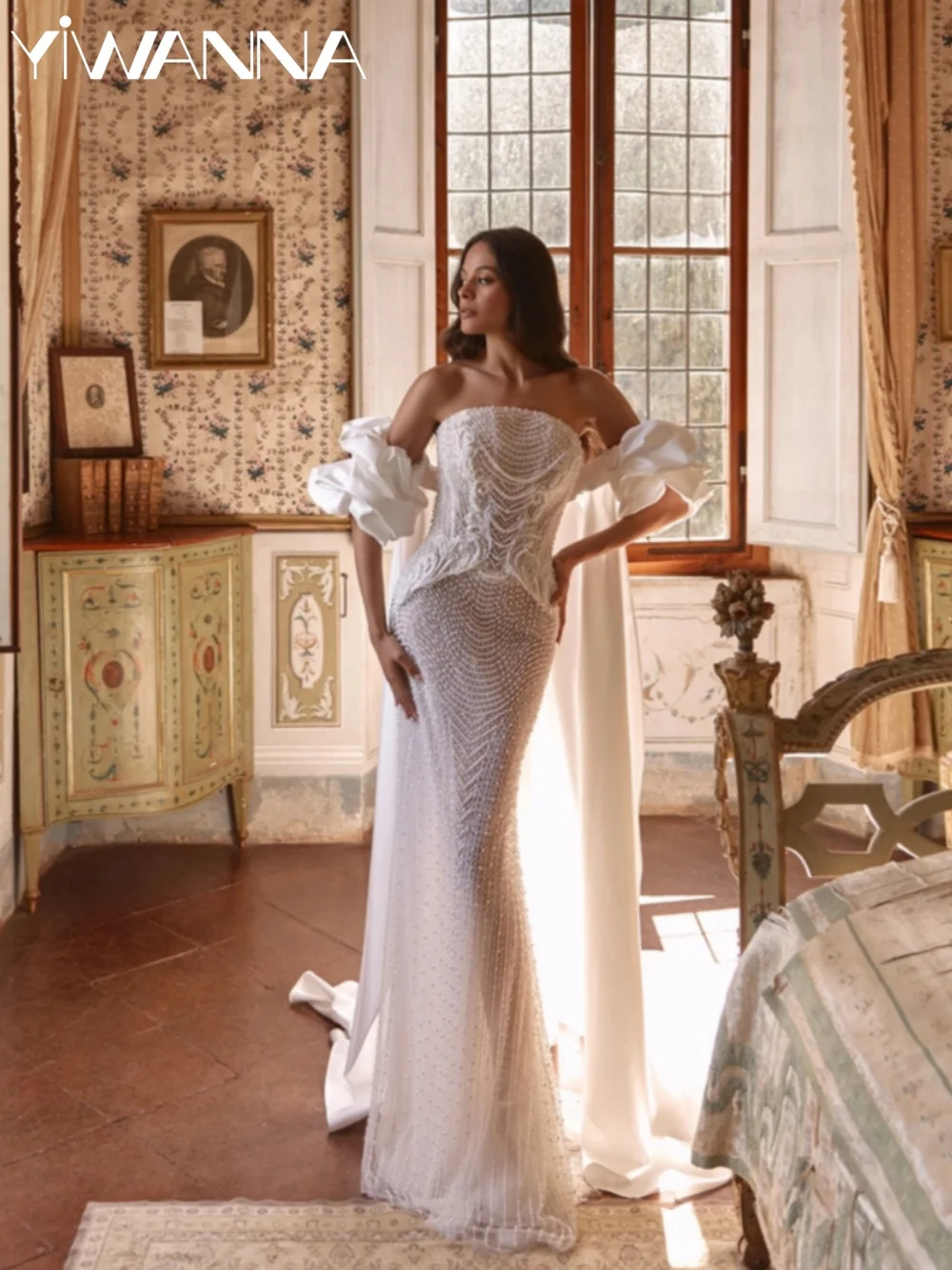 Luxurious Pearls Wedding Dress With Shawl Dreamy Strapless Mermaid Bridal Gown Customized Floor-length Crystal Dresses For Bride