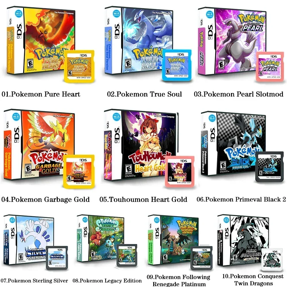 Cartão de jogo NDS Série Pokémon Pure Heart Primeval Black 2 Conquest Twin Dragons True Soul Versão dos EUA (versão de cartão R4)