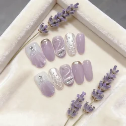 10PCS Glitter Handmade Fake Nails Press on Nails Cute Swan Design Full Cover Luxury False Nails Cat Eye Wearable Purple Nail Kit