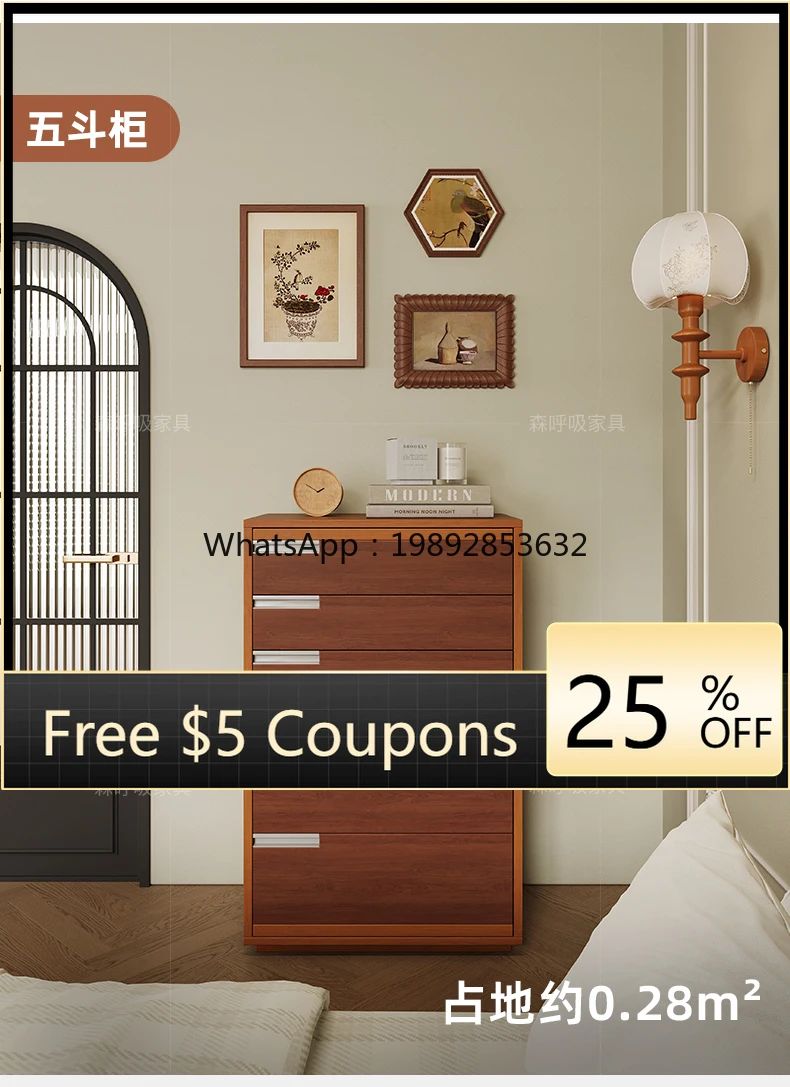 

LYY Vintage Bedroom Five-Drawer Combination Bedside Solid Wood Storage Room Wall-Mounted Entryway Retro Style Chest of Drawers