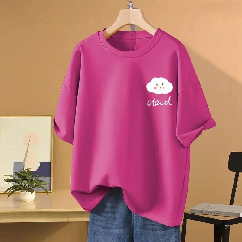 

Women Cartoon Cloud Printed T-shirt Short Sleeve All Cotton Top Tees Summer Daily Casual Loose Simple O-neck Pullovers